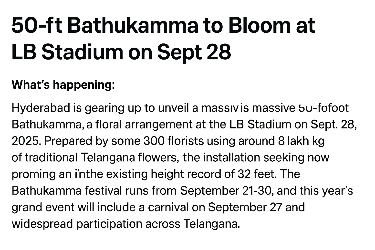 50-ft Bathukamma to Bloom at LB Stadium on Sept 28